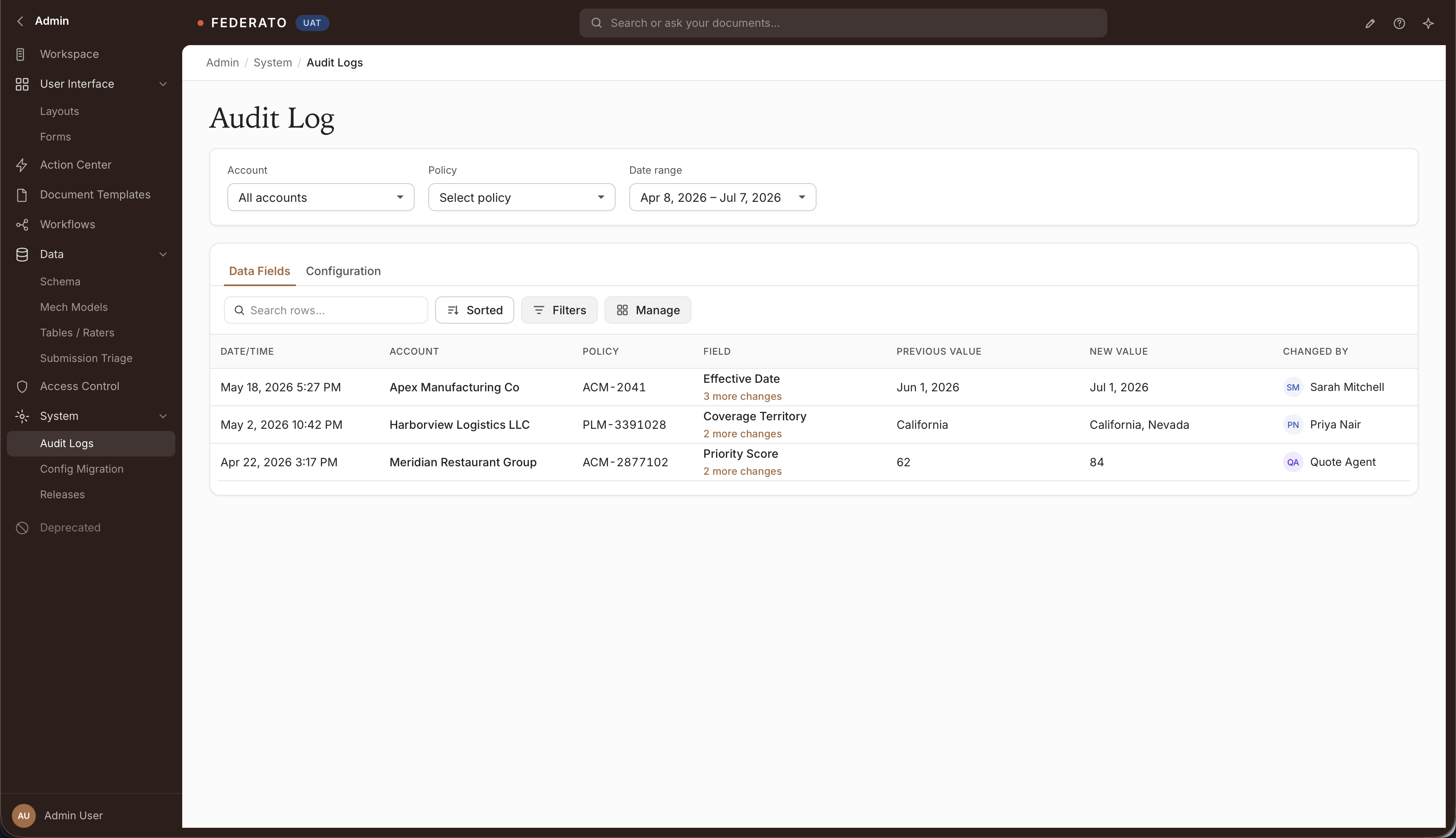 Federato Audit Log interface