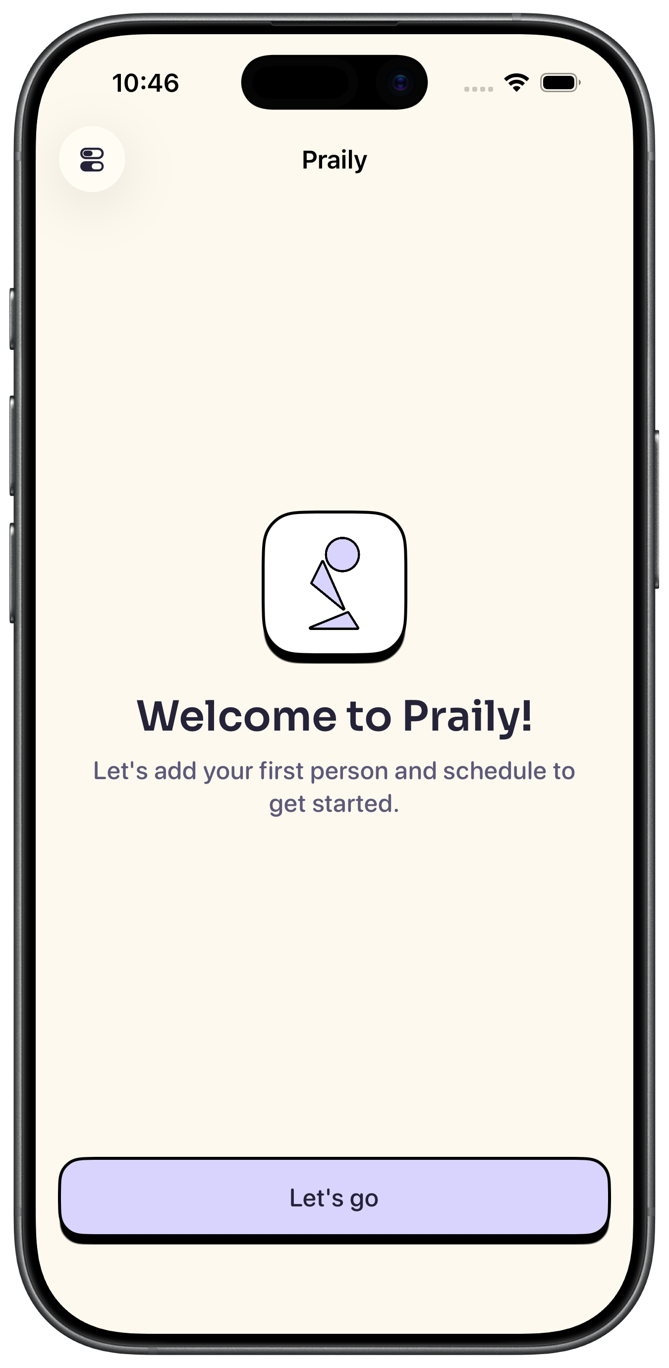 Praily onboarding welcome screen