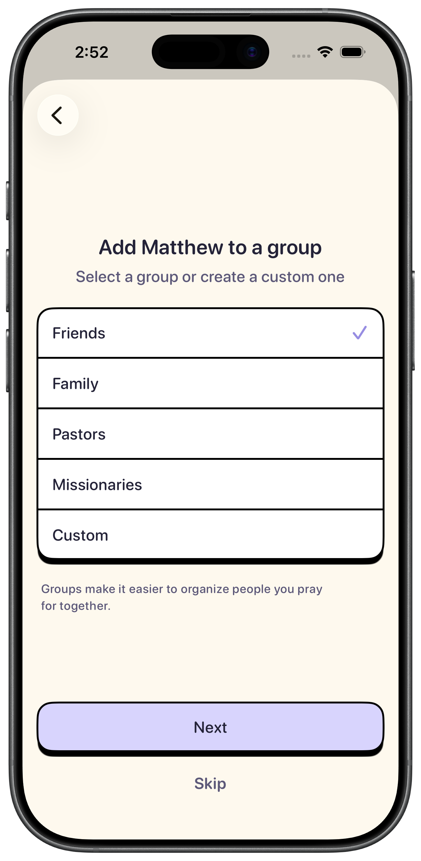 Praily onboarding group selection