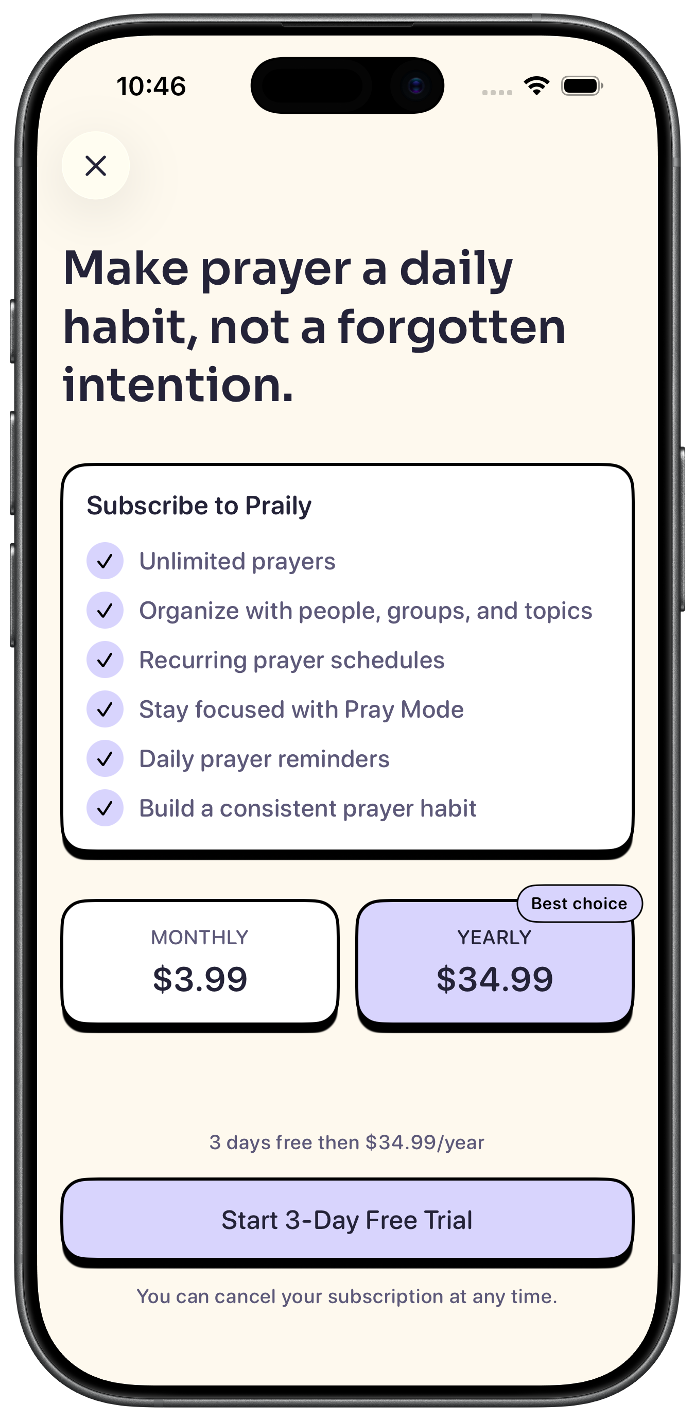 Praily subscription paywall