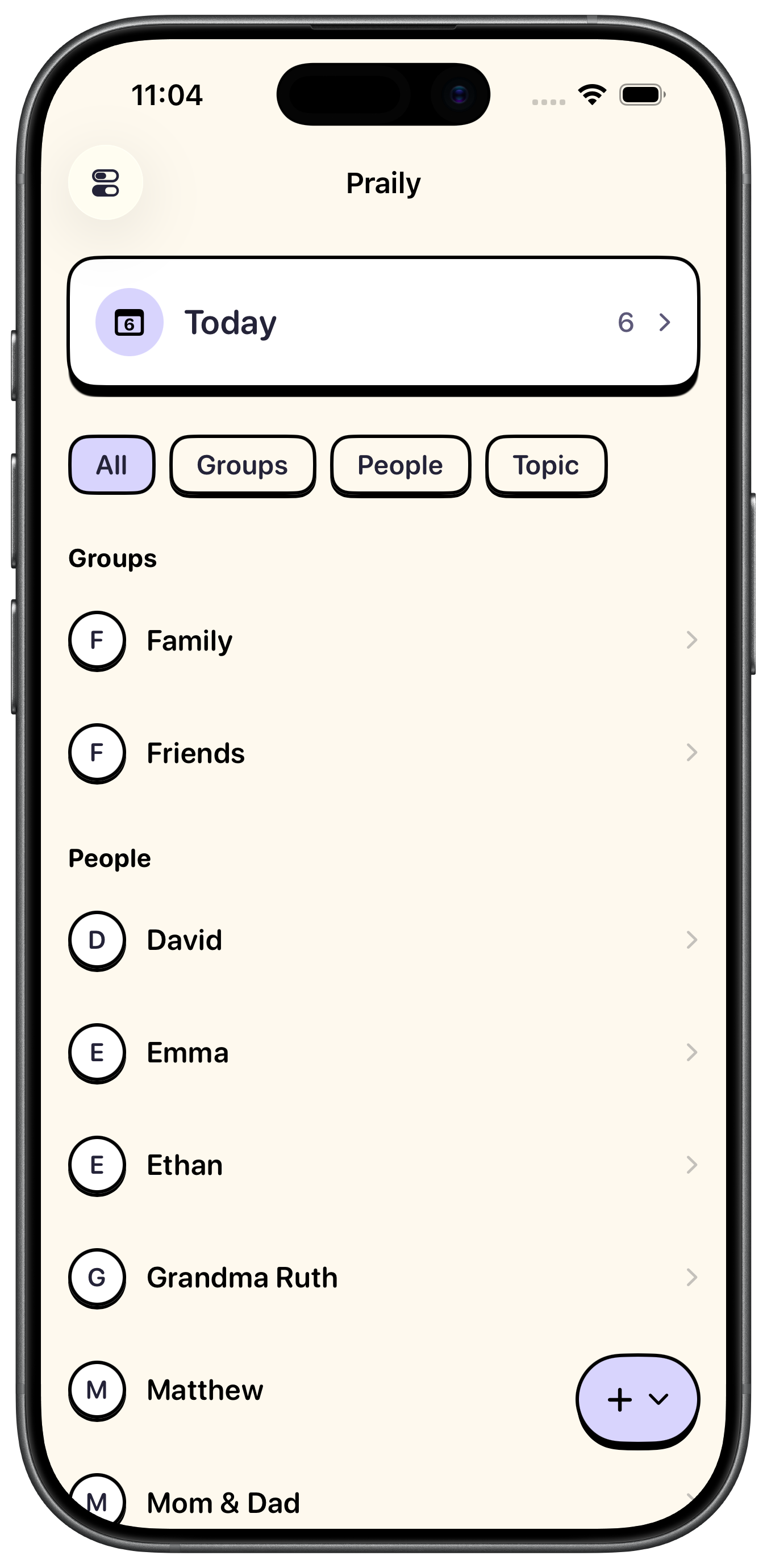 Praily search and organization screen