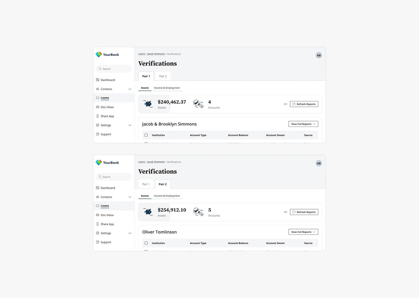 Borrower pair verification evaluation screens