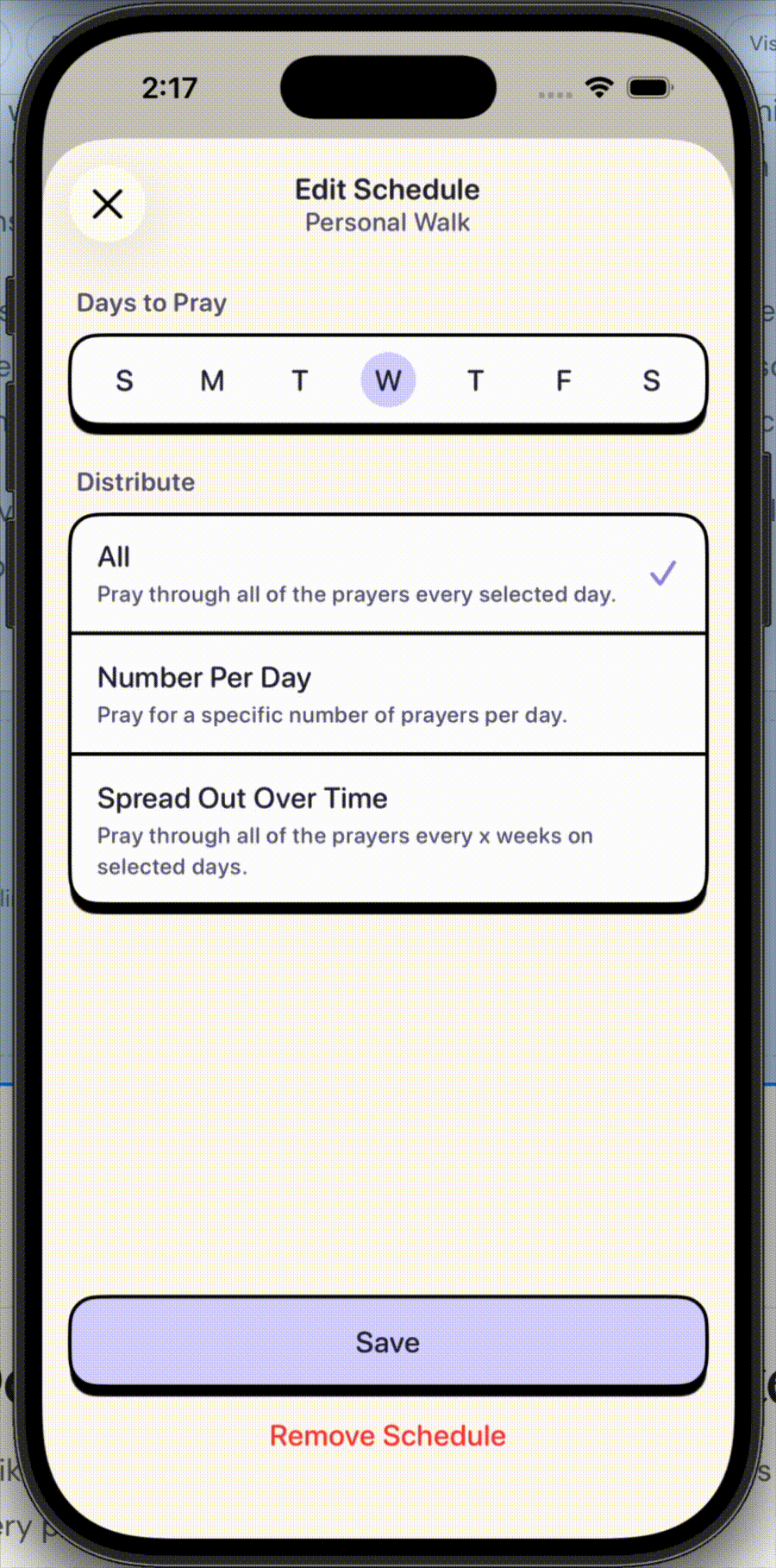 Praily schedule options in use